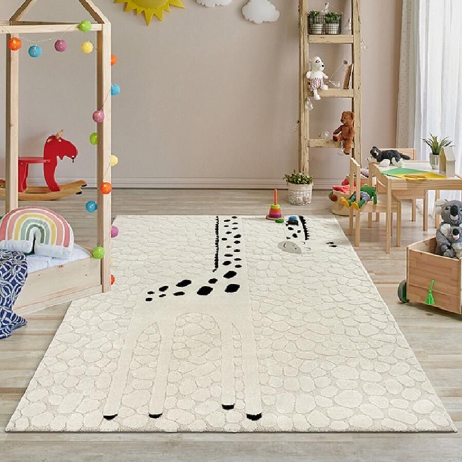 Karpet24 Kinderkamer Vloerkleed-80 x 150 cm Rechthoekig Speelkleed met Giraffenprint 14 mm Poolhoogte Cream