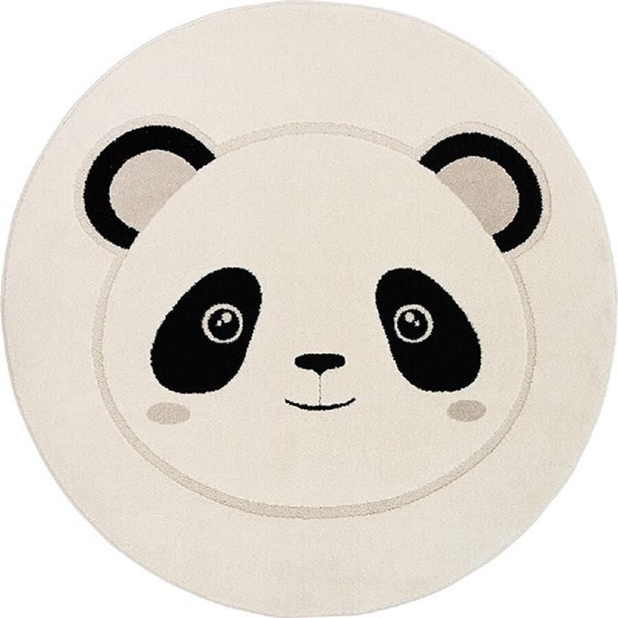 Karpet24 Kinderkamer Vloerkleed Ronde Speelkleed met Panda print 14 mm Poolhoogte Cream-Ø 120 cm