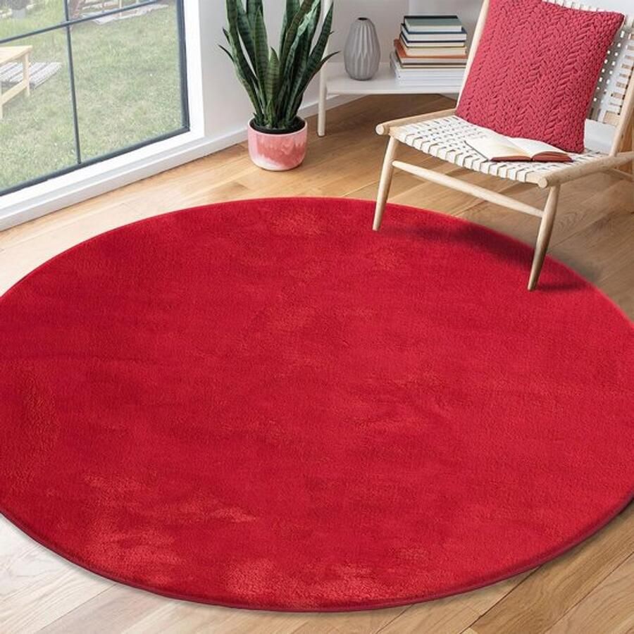 Karpet24 Loft modern pluizig laagpolig tapijt antislip onderkant wasbaar tot 30 graden heerlijk zacht bontlook rood-Ø 120 cm