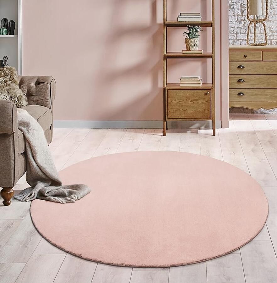 Karpet24 Loft modern pluizig laagpolig tapijt antislip onderkant wasbaar tot 30 graden heerlijk zacht bontlook roze-Ø 200 cm rond