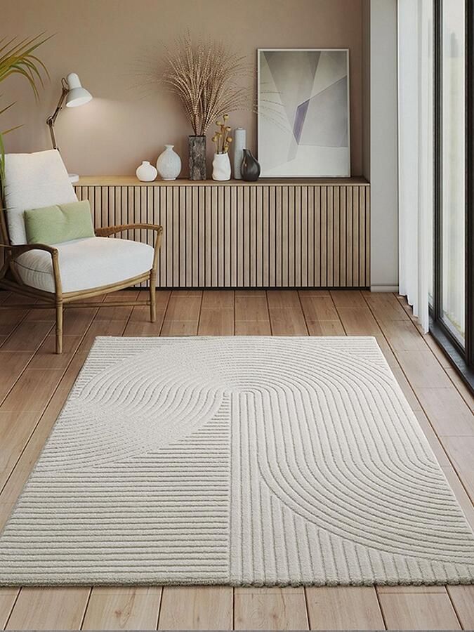Karpet24 Vloerkleed Elio Japandi Moderne Halve Cirkels en Verfijnd Streepmotief in Crème-200 x 290 cm