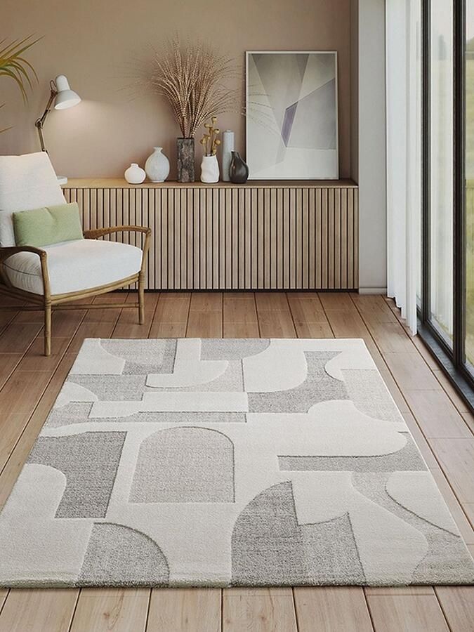 Karpet24 Vloerkleed Elio Japandi Moderne laagpolig met hoog-diepteeffect geometrisch design Crème-200 x 290 cm