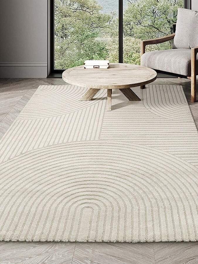 Karpet24 Vloerkleed Elio – Japandi Stijl met Moderne Lijnen in Creamkleurige Neutrale Tinten-200 x 290 cm