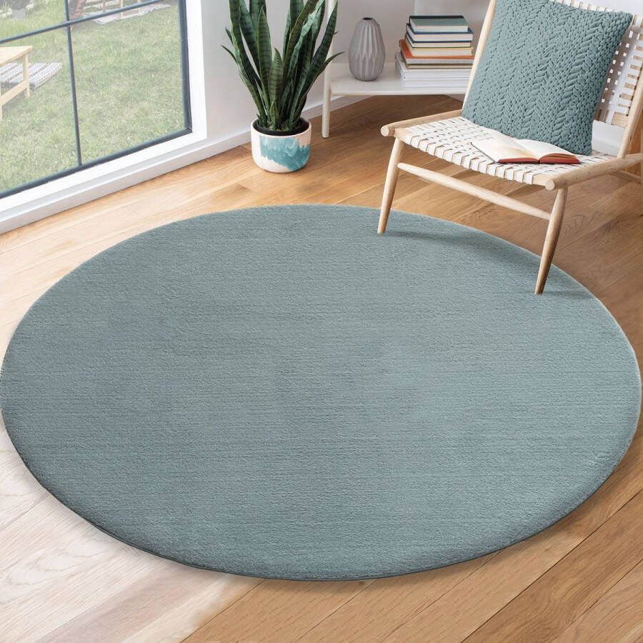 Karpet24 Loft modern pluizig laagpolig tapijt Ø 200 cm rond antislip onderkant wasbaar tot 30 graden heerlijk zacht bontlook blauw - Foto 3