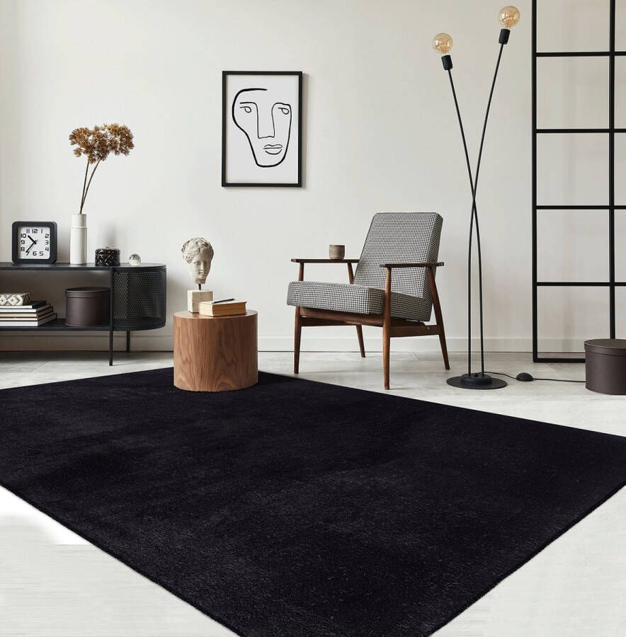 Karpet24 Vloerkleed voor woonkamer of slaapkamer in zwart Ø 120 cm Modern en zacht laagpolig tapijt Rond Antislip onderkant Wasbaar tot 30 Graden Loft kleed by - Foto 3