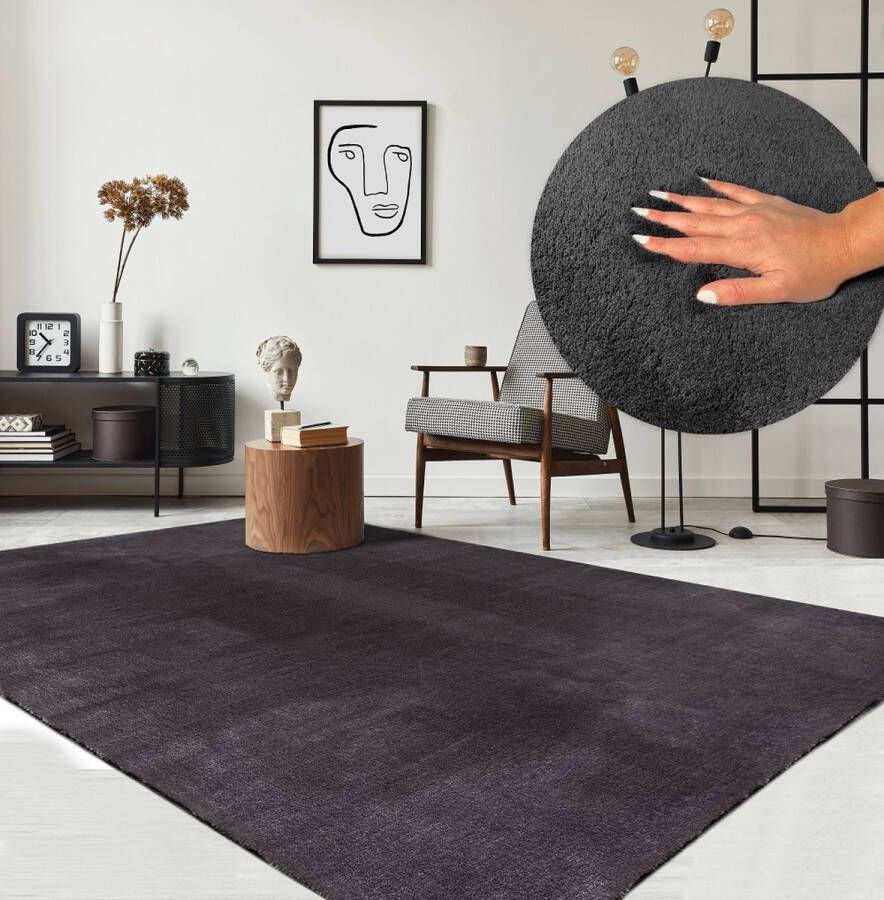 Karpet24 Loft modern pluizig laagpolig tapijt 160 x 220 cm antislip onderkant wasbaar tot 30 graden heerlijk zacht bontlook antraciet - Foto 3