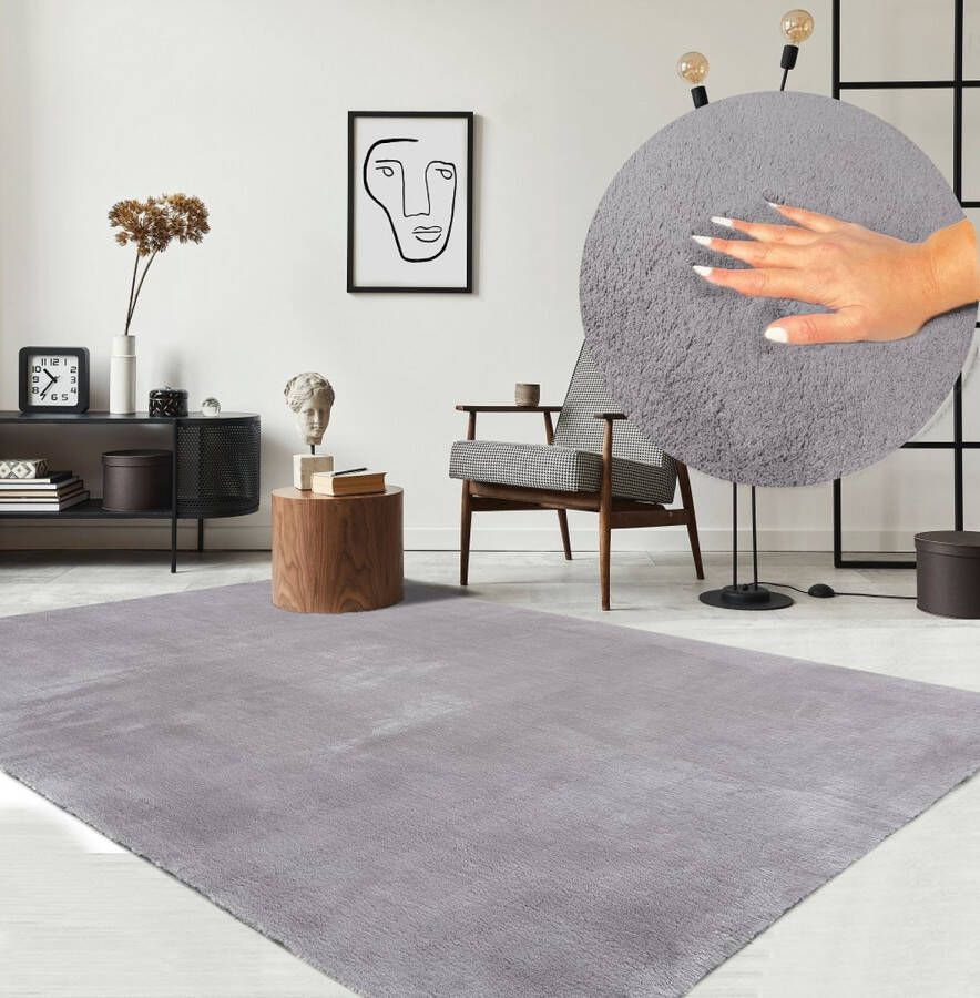 Karpet24 Loft modern pluizig laagpolig tapijt 160 x 220 cm rechthoek antislip onderkant wasbaar tot 30 graden heerlijk zacht bontlook grijs - Foto 3