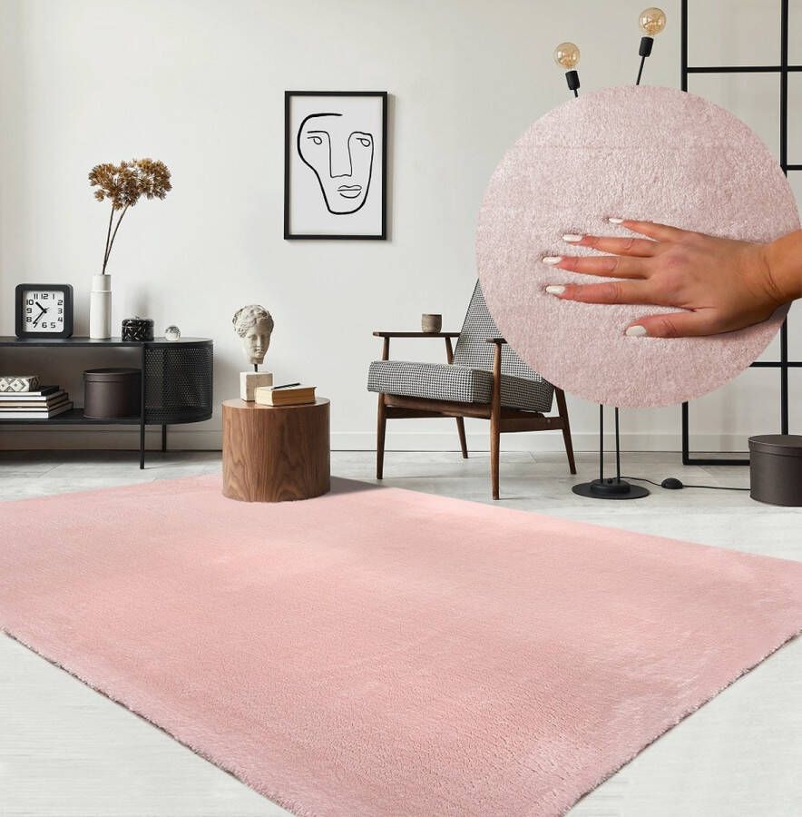 Karpet24 Vloerkleed voor woonkamer of slaapkamer in roze 160x220 cm Modern en zacht laagpolig tapijt Rechthoek Antislip onderkant Wasbaar tot 30 Graden Loft kleed by - Foto 2