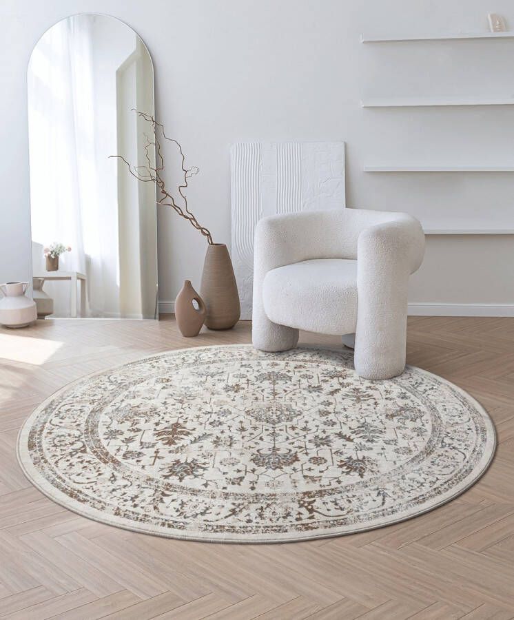 Karpet24 the carpet Vloerkleed Mila Modern Dik Kortpolig Vloerkleed Woonkamer Slaapkamer Elegante Glans Glanzende Vezel Hoog-Laag Effect Rand Crème 200 cm Rond