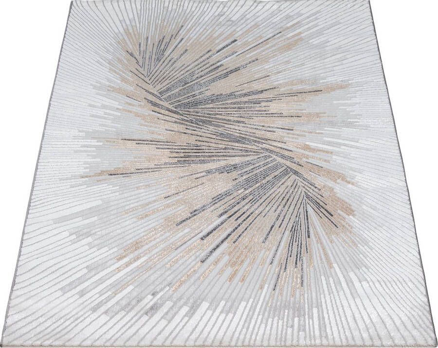 Karpet24 Vloerkleed Mila Modern laagpolig tapijt voor woonkamer slaapkamer met elegante glans glansvezel diep effect crème-grijs-120 x 170 cm