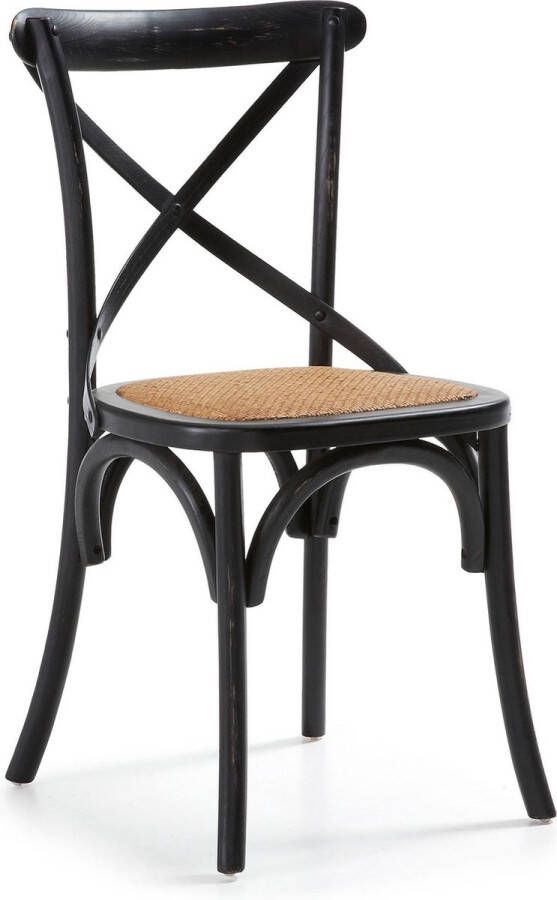 Kave Home Alsie stoel in massief iepenhout met zwarte lakafwerking en rotan zitting