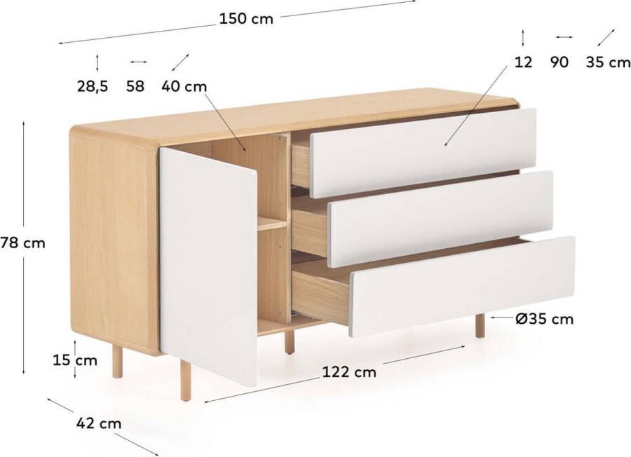 Kave Home Anielle massief essen & essenfineer dressoir met 1 deur en 3 lades 150 x 78 cm - Foto 4