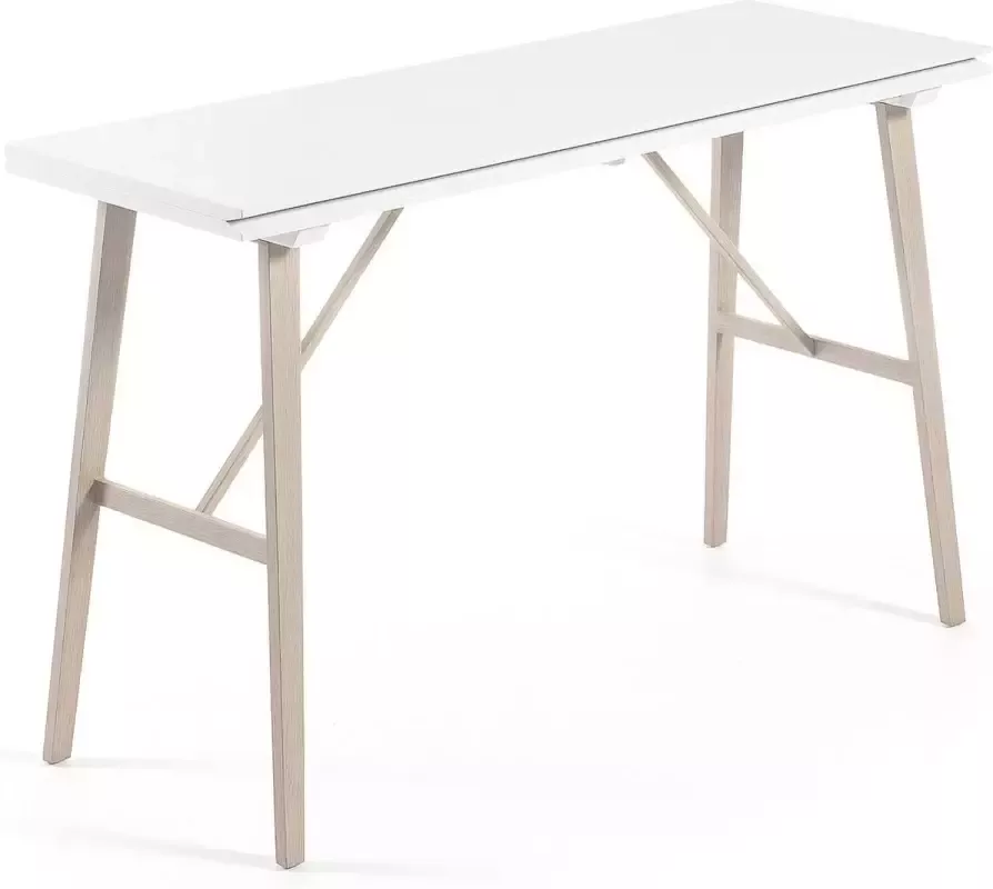 Kave Home Aruna uitschuifbare consoletafel in wit MDF en houtdessin stalen poten 130 x 45 (90) cm