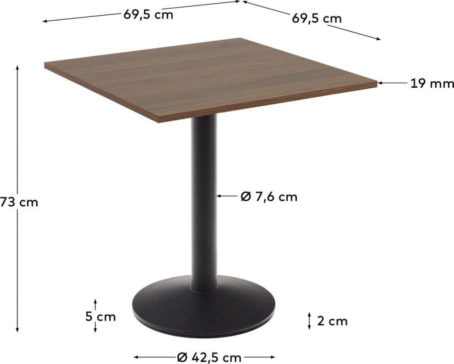 Kave Home Esilda-tafel van noothouten melamine en zwart gelakte metalen poot 70 x 70 x 70 cm