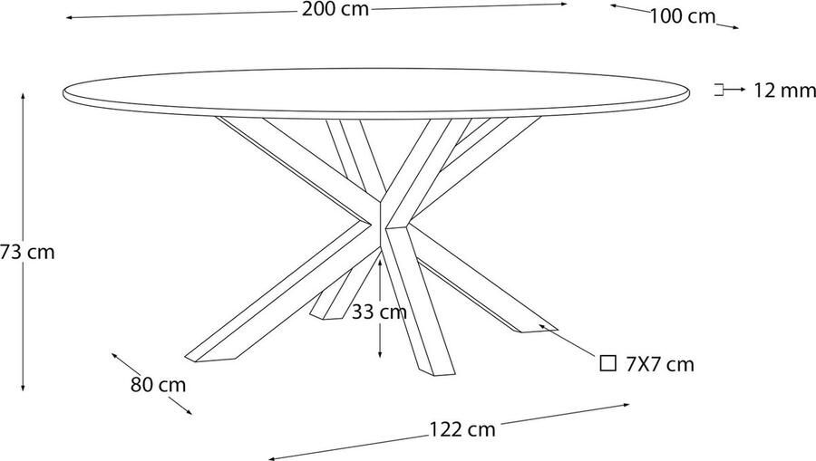 Kave Home Argo ovale tafel in matzwart glas en roestvrijstalen poten Ø 200 x 100 cm