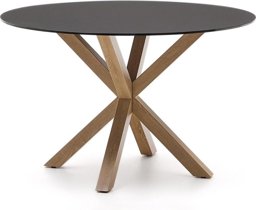 Kave Home Argo ronde tafel in matzwart glas en stalen poten met houteffect Ø 120 cm