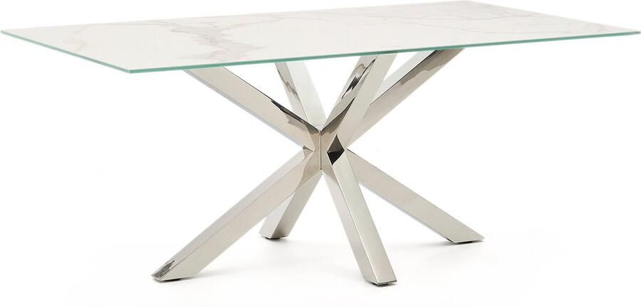 Kave Home Argo tafel afgewerkt in Kalos wit porselein en roestvrijstalen poten 180 x 100 cm