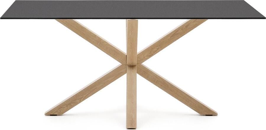 Kave Home Argo tafel in matzwart glas en stalen poten met houteffect 160 x 90 cm