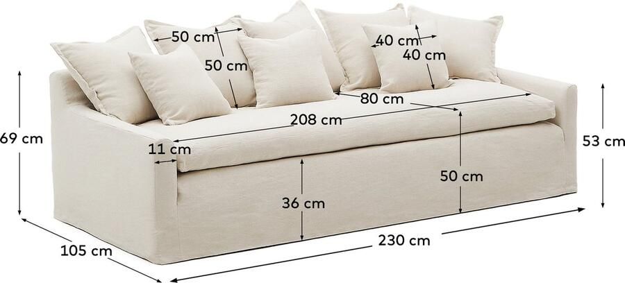 Kave Home Beige 3-zitsbank Zenira met kussens met afneembare hoezen van katoen en linnen 230 cm