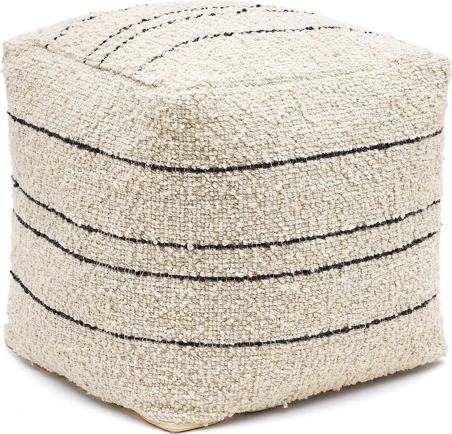 Kave Home Beige en zwart gestreepte Micol-poef van wol 40 x 40 cm