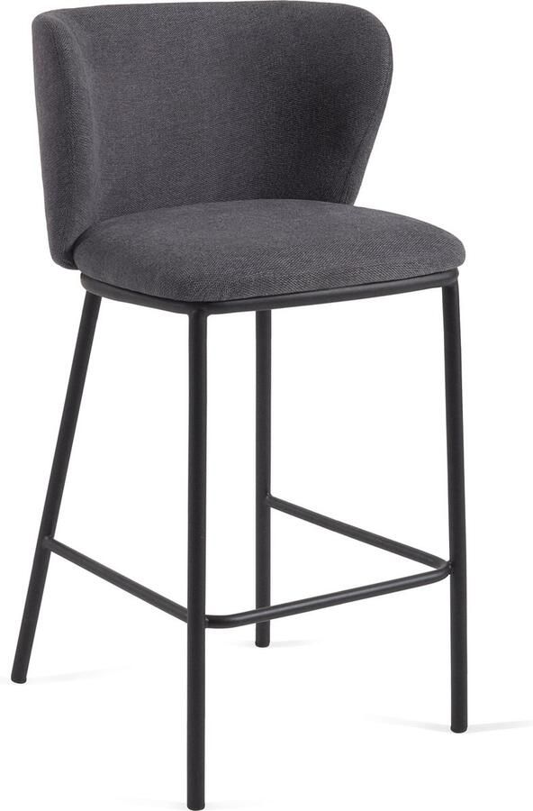 Kave Home Ciselia kruk in donkergrijs chenille en stalen poten in zwart hoogte 65 cm FSC Mix Credit