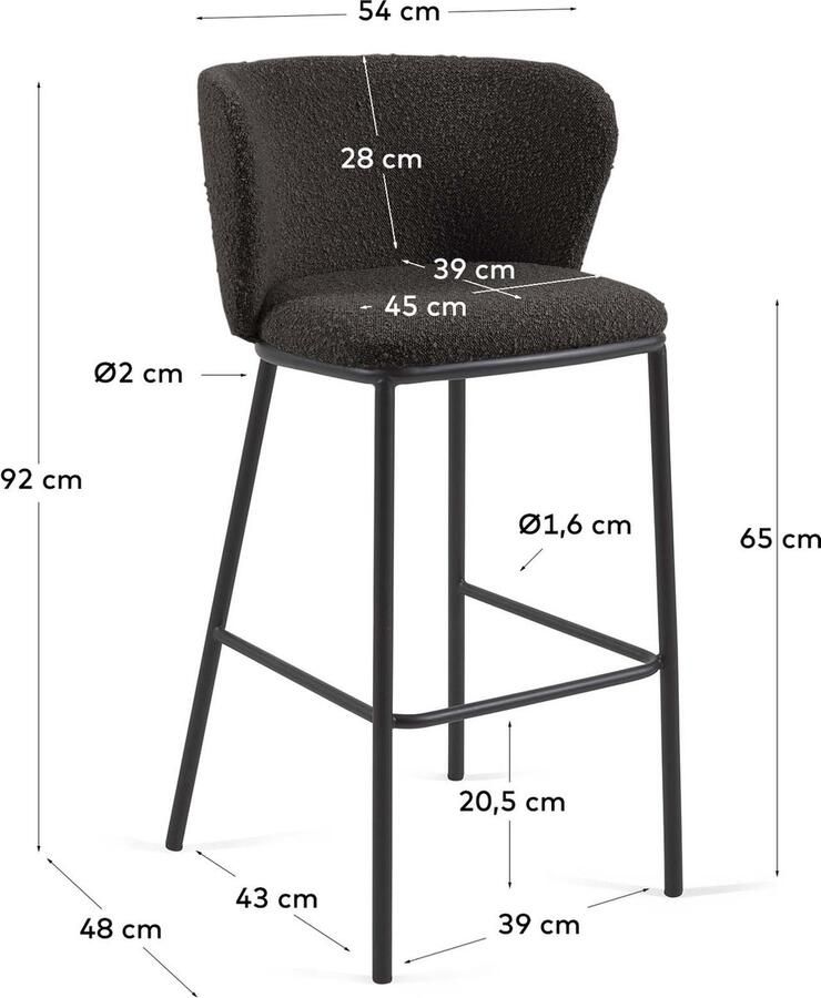 Kave Home Ciselia kruk met zwart bouclé en stalen poten met zwarte afwerking hoogte 65 cm FSC Mix Cr