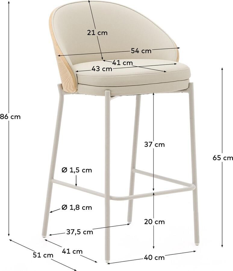 Kave Home Eamy kruk in beige kunstleer essenfineer en afwerking in naturel en beige metaal 65 cm