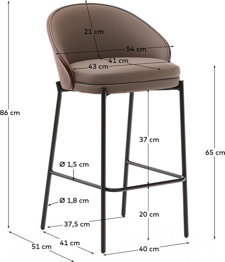 Kave Home Eamy kruk in bruin kunstleer essenfineer en afwerking in noten en zwart metaal 65 cm