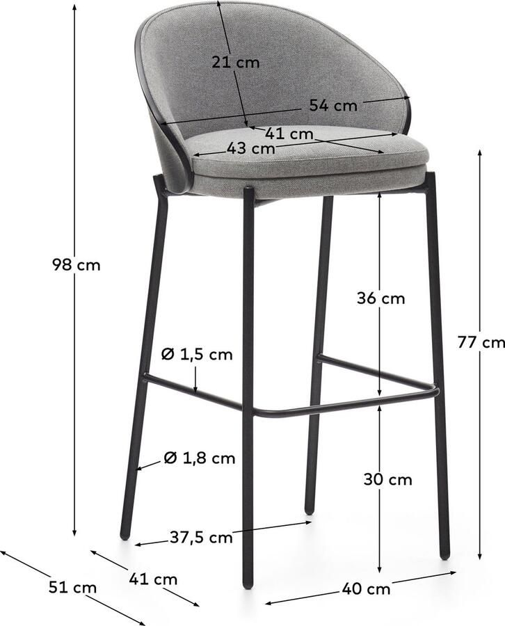 Kave Home Eamy lichtgrijze kruk in essenhoutfineer met zwarte afwerking en zwart metaal 75 cm hoog - Foto 2