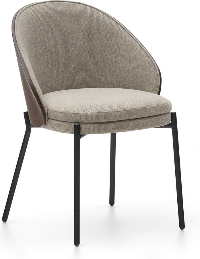 Kave Home Eamy stoel in lichtbruin chenille en in essenhoutfineer met wengé afwerking en zwart metaa - Foto 4