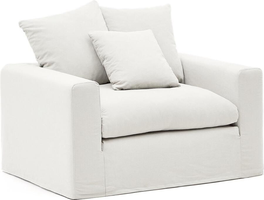 Kave Home Fauteuil Nora met kussen met afneembare hoes van ecru linnen en katoen 140 cm