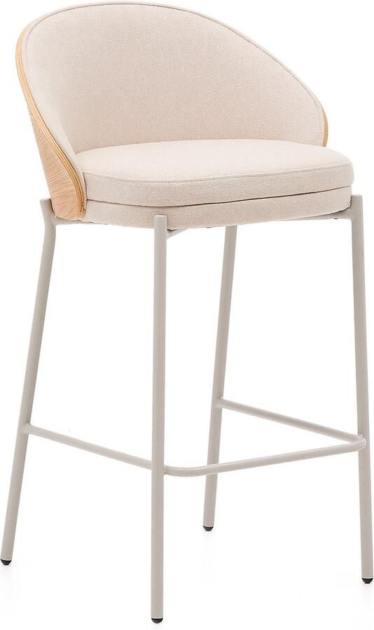 Kave Home Kruk Eamy in beige chenille essenhoutfineer met natuurlijke afwerking en beige metaal hoo