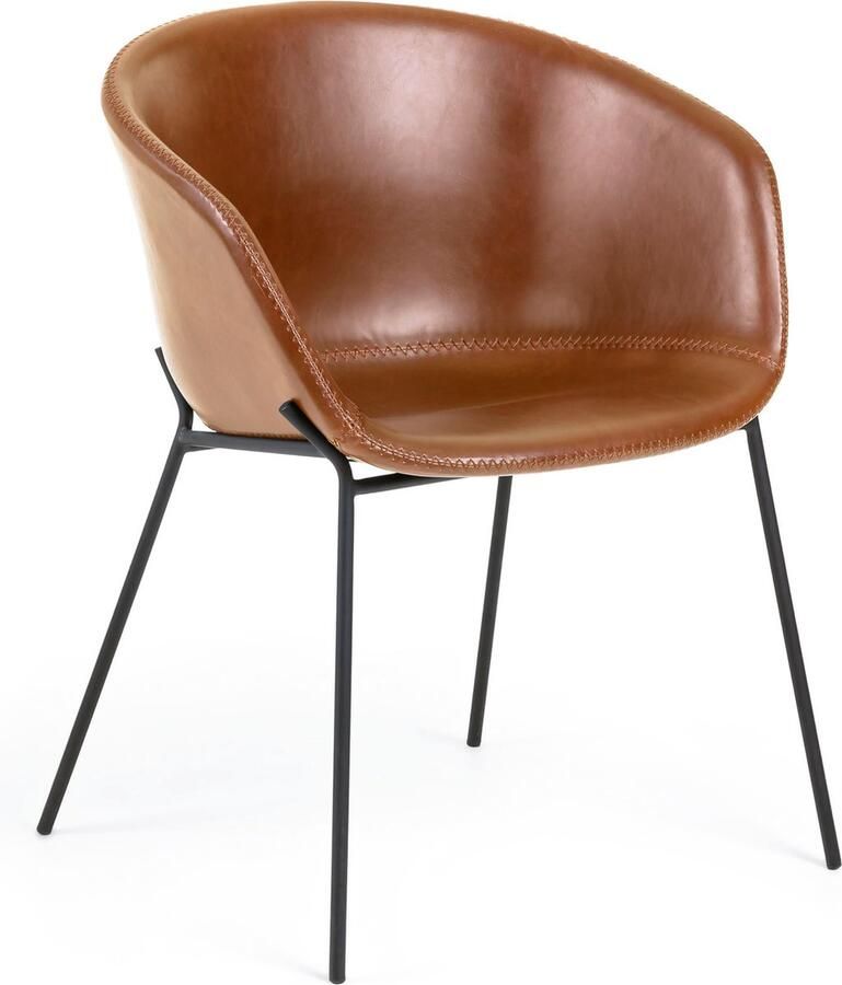 Kave Home Stoel Yvette bruin synthetisch leer met zwart afgewerkte stalen poten
