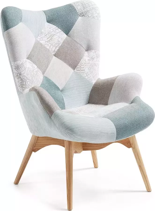 Kave Home Kody fauteuil met blauw patchwork en massief beukenhouten poten - Foto 2