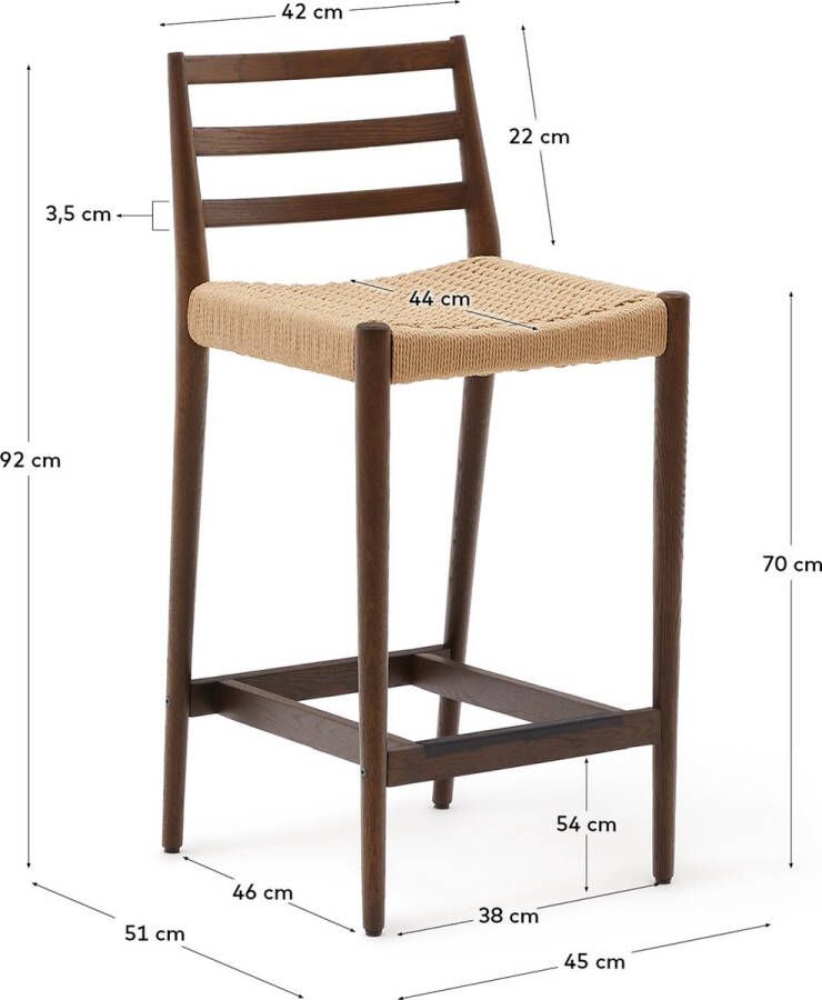 Kave Home Kruk Analy met massief eikenhouten rugleuning walnoot afwerking en zitting van touw 70cm