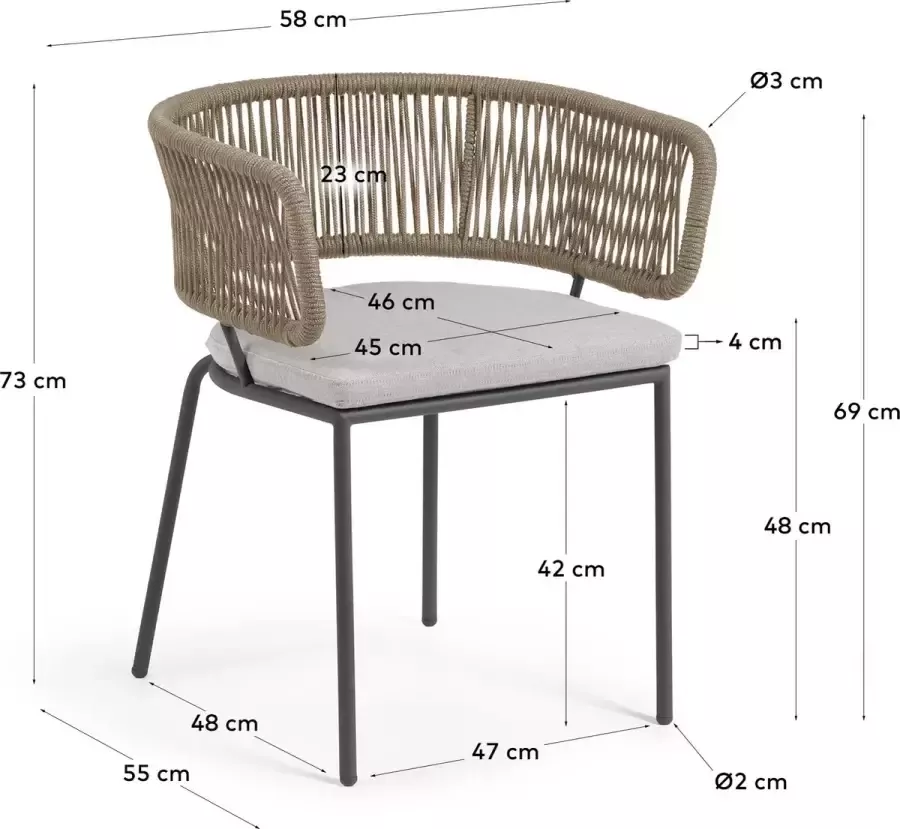 Kave Home Nadin stoel in beige koord met gegalvaniseerde stalen poten