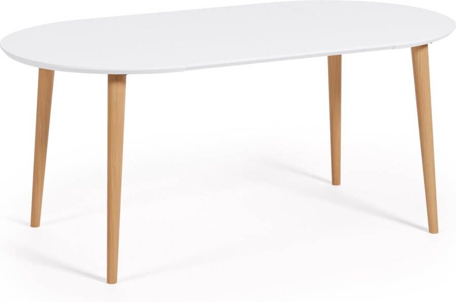 Kave Home Oqui ronde uitschuifbare tafel van wit gelakt MDF en massief beukenhouten poten 90 (170)