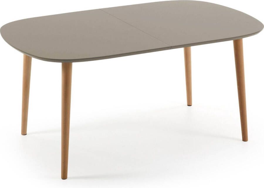 Kave Home Oqui uittrekbare tafel bruin gelakt mdf en massief beukenhouten poten 160 (260) x 100 cm