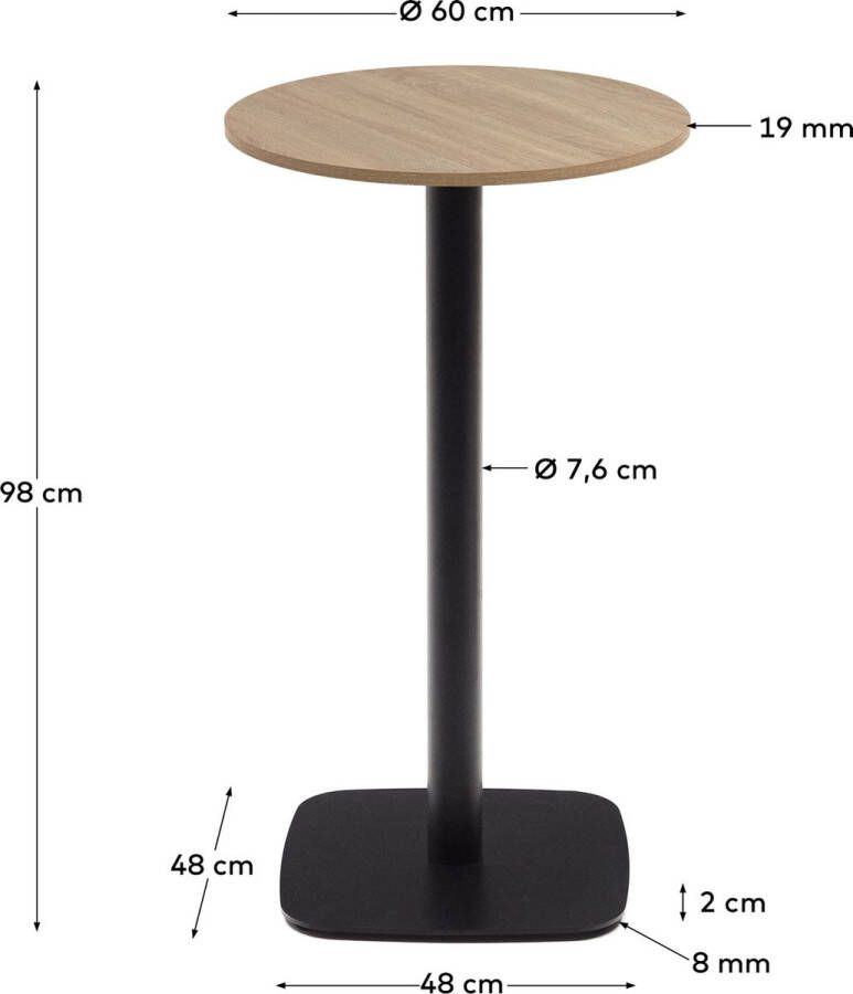 Kave Home Ronde hoge zwarte Tiaret-tafel van natuurlijke melamine en zwart gelakte metalen poot Ø 60