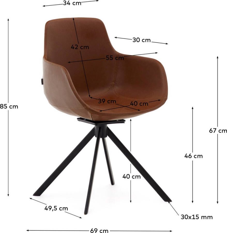 Kave Home Tissiana-stoel met terugdraaiende zitting in bruin synthetisch leer en mat zwart aluminium - Foto 1