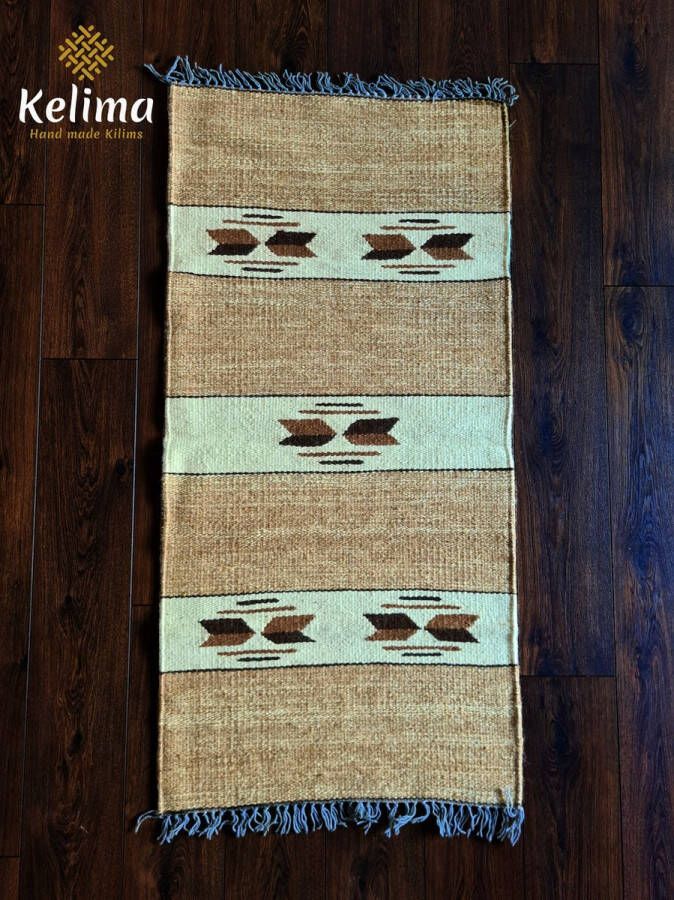 Kelima Handgemaakt Kelim vloerkleed 70 cm x 140 cm Naturel Wol tapijt Kilim Uit Egypte Handgeweven Loper tapijt Woonkamer tapijt