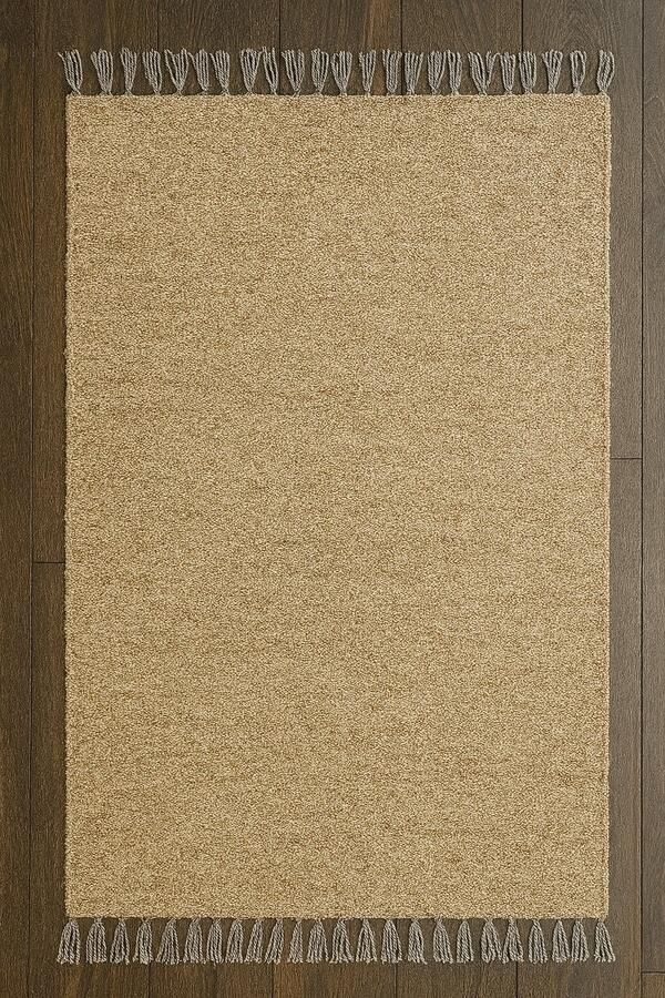 Kelima Luxe Handgemaakt Wollen Vloerkleed 160x230 cm – Beige met Grijze Franje – Egyptisch Wol – Natuurlijk & Duurzaam