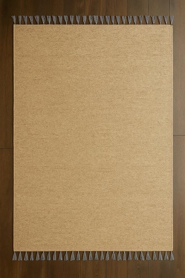 Kelima Luxe Handgemaakt Wollen Vloerkleed 200x300 cm – Beige met Grijze Franje – Egyptisch Wol – Natuurlijk & Duurzaam