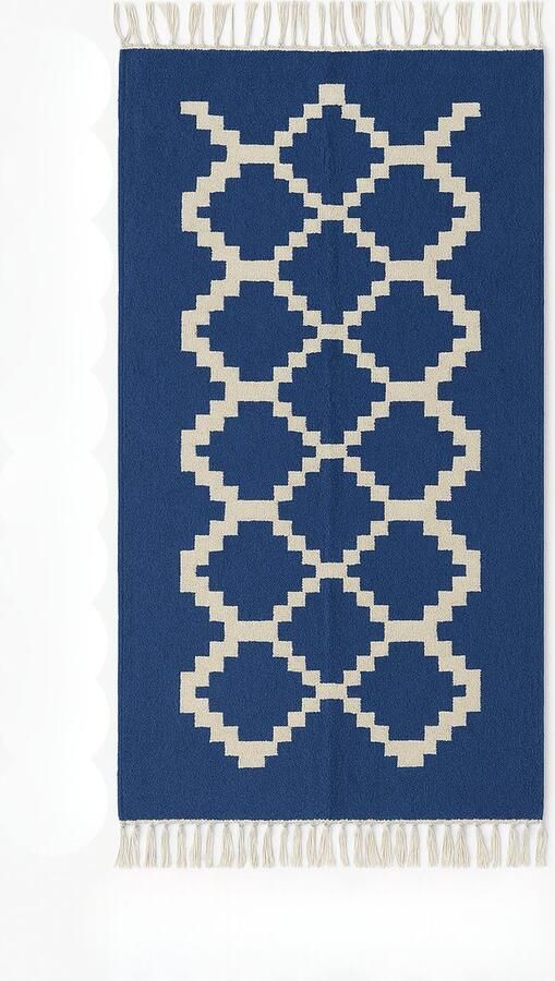 Kelima Senon kelim loper 70 × 140 cm – Handgeweven in Egypte – Blauw diamantmotief