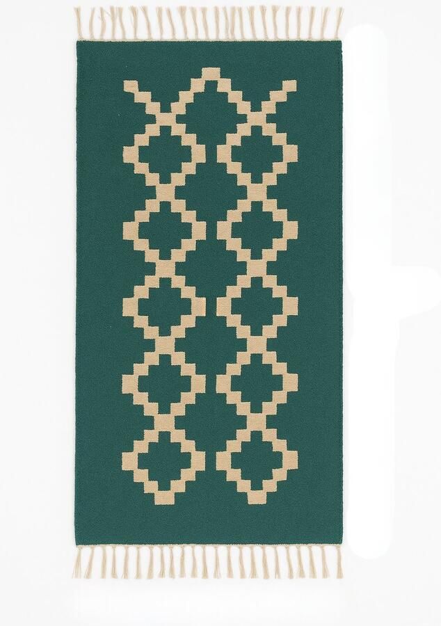 Kelima Senon kelim loper 70 × 140 cm – Handgeweven in Egypte – Groen diamantmotief