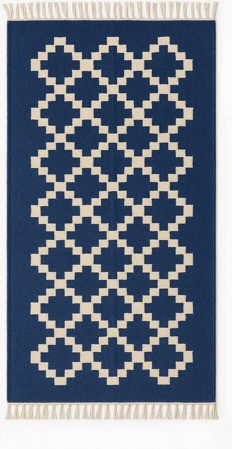 Kelima Senon kelim loper 90 × 160 cm – Handgeweven in Egypte – Blauw diamantmotief