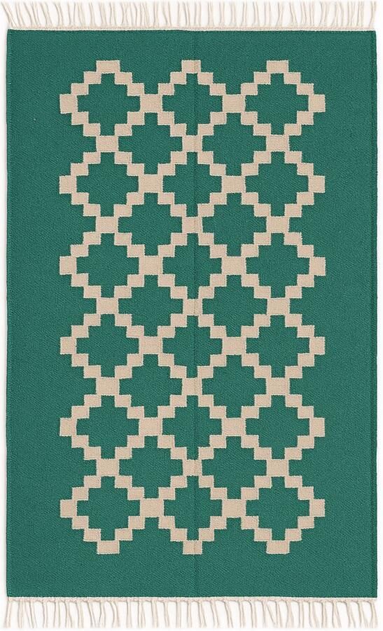 Kelima Senon kelim loper 90 × 160 cm – Handgeweven in Egypte – Groen diamantmotief