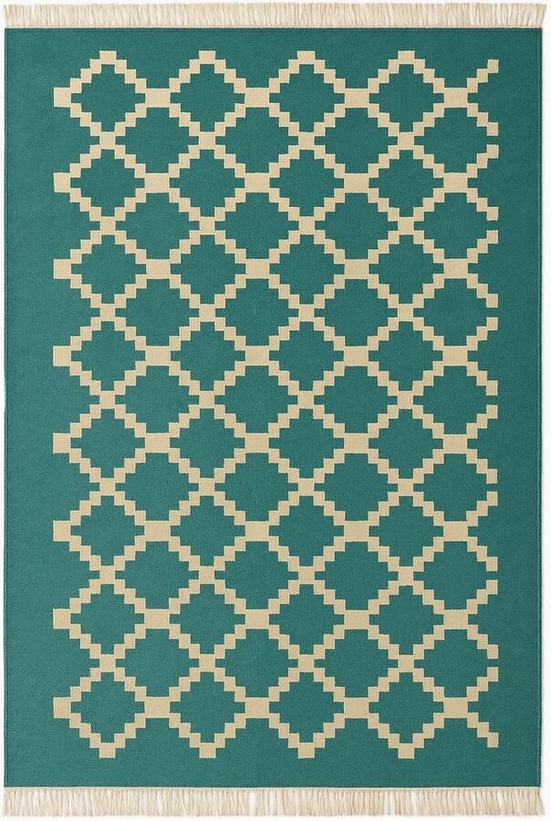 Kelima Senon kelim Vloerkleed 160 × 230 cm – Handgeweven in Egypte – Groen diamantmotief