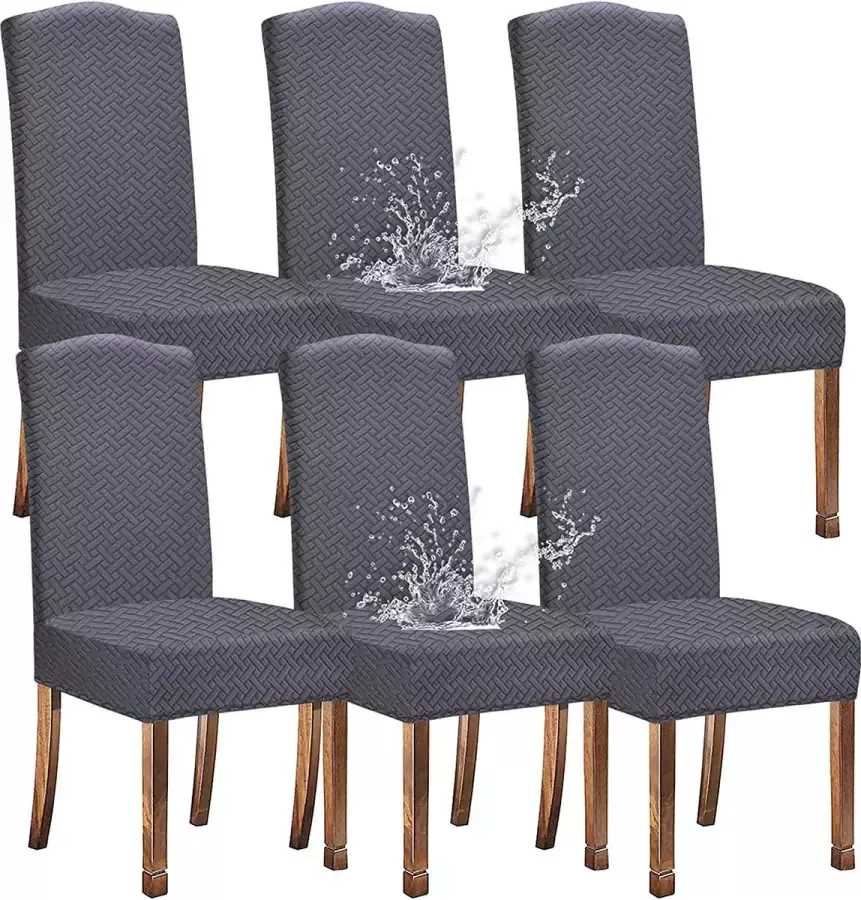 KELUINA Stretch waterdichte jacquard met lang rooster eetkamerstoelhoezen voor eetkamerstoelen (grijs 6 stuks)