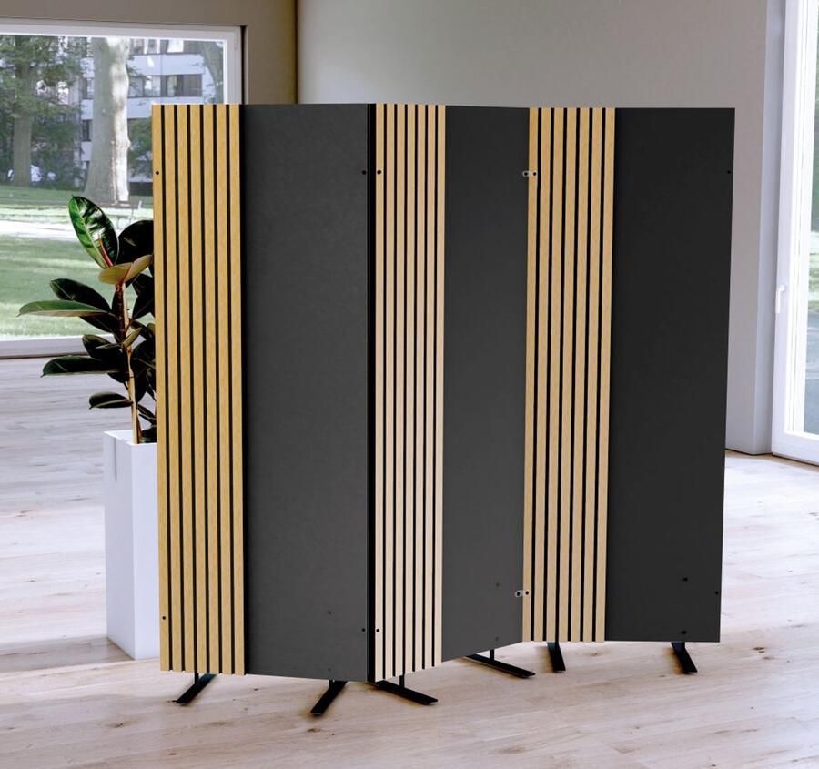 Kerkmann Roomdivider Oxford antraciet met eiken geluiddempend kamerscherm